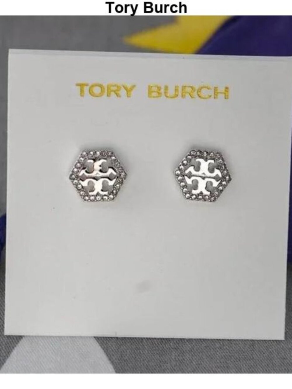 Tory Burch Silver Logo Hexagon Stud Earrings